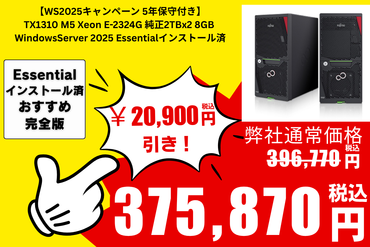 【WS2025 5年保守付き】TX1310 M5 Xeon E-2324G 純正2TBx2 8GB  WindowsServer 2025 Essentialインストール済